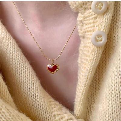 Retro Red Enamel Drip Heart Pendant Necklace for Women - Autumn/Winter Sweater Chain, Trendy Design Celebrity Collarbone Chain