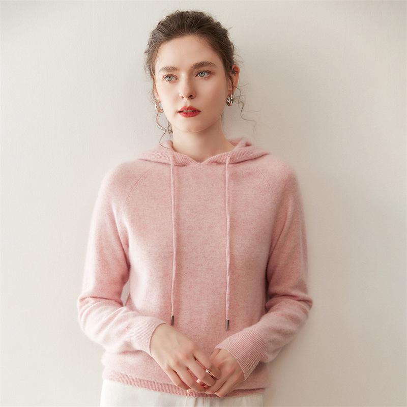 Women's Long Sleeve Cashmere Drawstring Hoodie – Autumn/Winter Versatile Knit Sweater Top