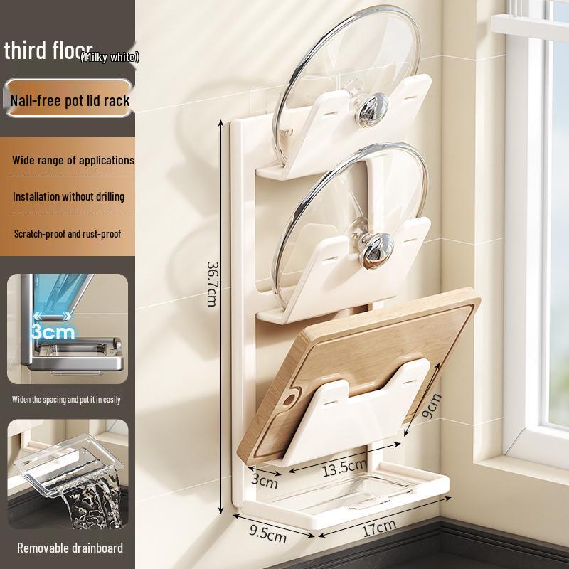 Wall-Mounted No-Drill Suction Cup Kitchen Rack for Pot Lids & Cutting Boards