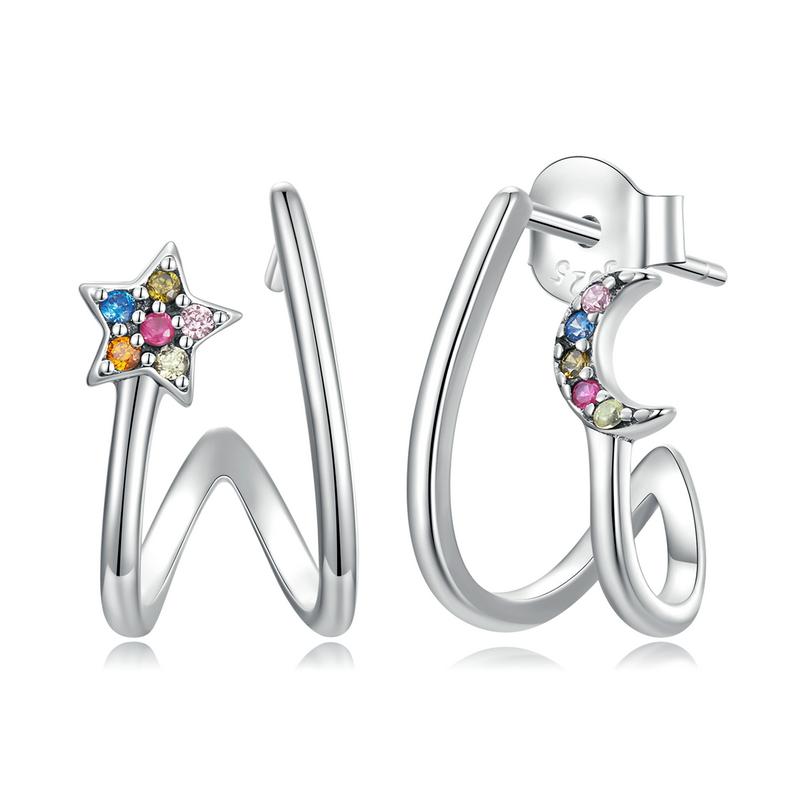 WOSTU 100% 925 Sterling Silver Butterfly Star Moon Stud Earrings For Women Simple Style Zircon Ear Hooks Fine Jewelry Gifts