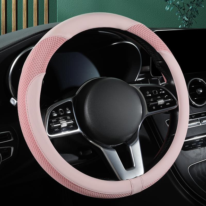 Car Steering Wheel Cover Premium Leather Stitched with Breathable Mesh Fabric FIt for 14.5-15 Inch All Seasons Universal