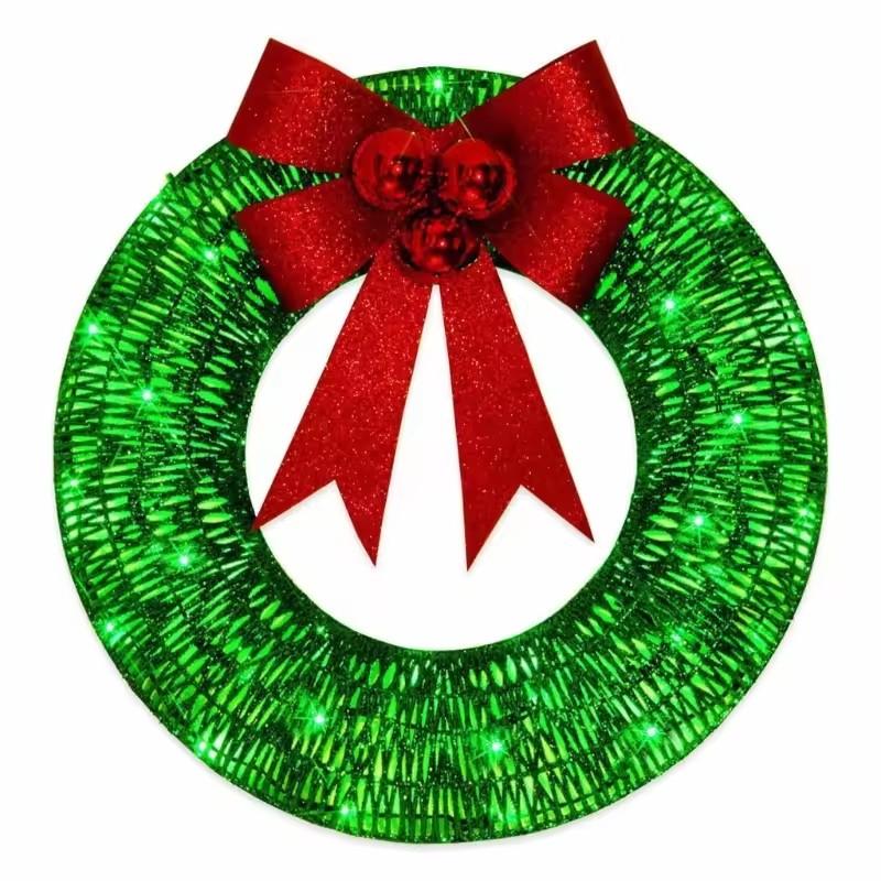 Christmas Wreath Metal Wreath LED Warm Light Christmas Decoration Removable Design Big Bow Christmas Decoration Door Hanging