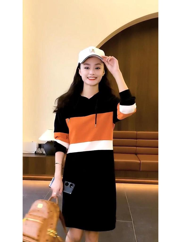 Dámské mikinové šaty s kapucí v korejském stylu - Středně dlouhé, Slim fit, Velká velikost, Trend podzim/zima