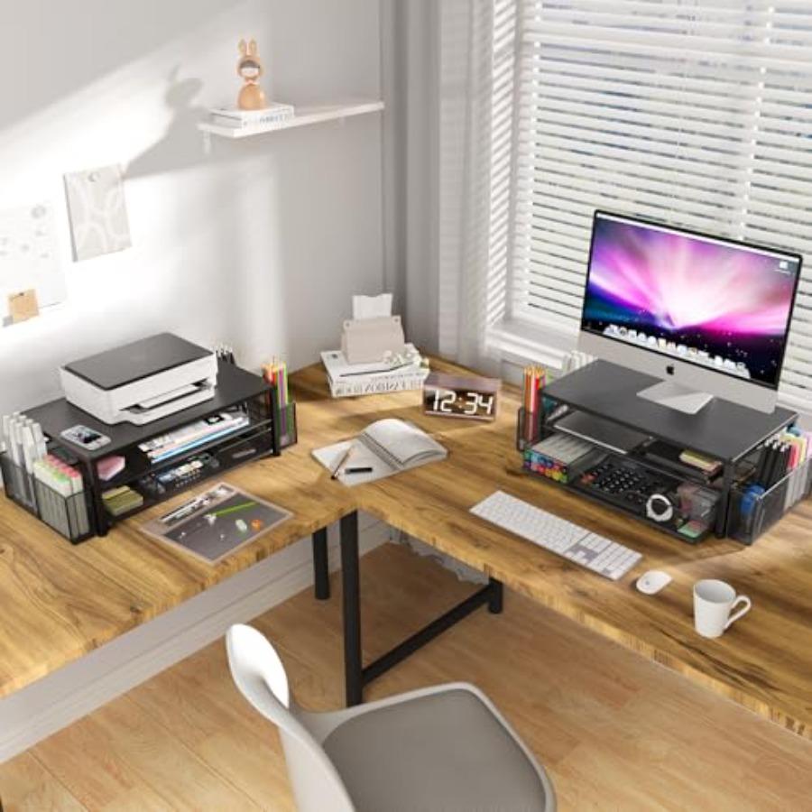 Desk Organizer and Accessories 2-Tier Computer Monitor Stand Riser with Drawer and 2 Pen Holders Laptop Stand Office Desk Acces