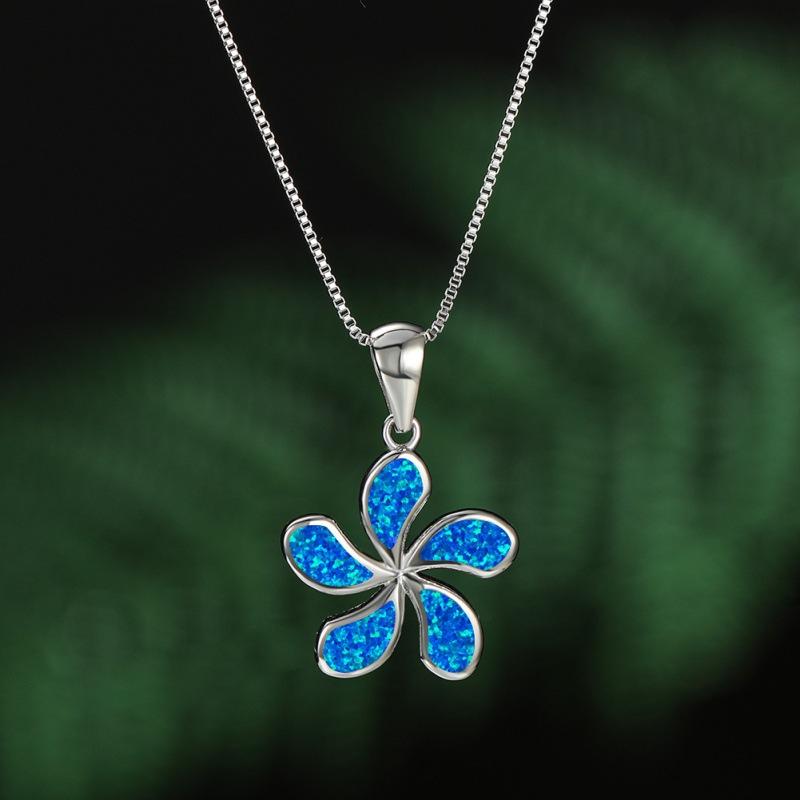 European, American and Korean simple style platinum flower blue opal necklace versatile collarbone chain синий