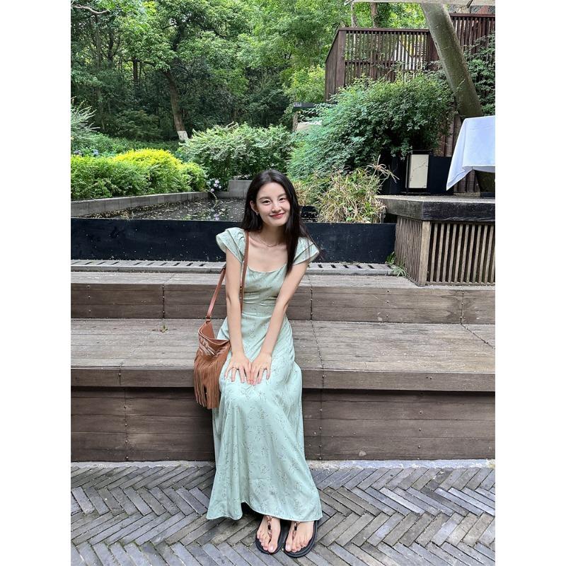 French Pure Lust Vacation Style Floral Backless Waistless Tie Fly Sleeve Long Dress Dress Long Dress Traditional Dress