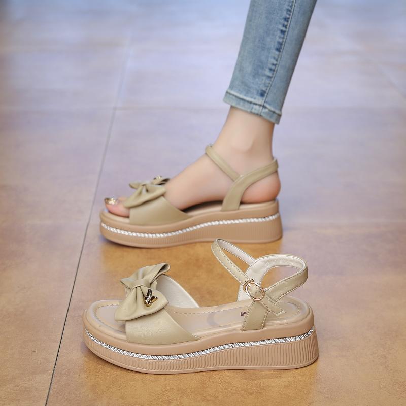 CRLAYDK Womens Wedge Sandals Bow Summer Beach Comfort Ladies Walking Ankle Strap Dressy Casual Slippers Beach Travel Shoes