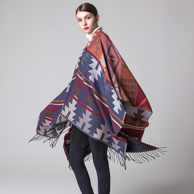 Damenmode Geometrischer Diamant-Umhang, langer, dicker, warmer Pashmina-Schal im ethnischen Stil, Herbst- und Winter-Reiseumhang, geteilte Wickel
