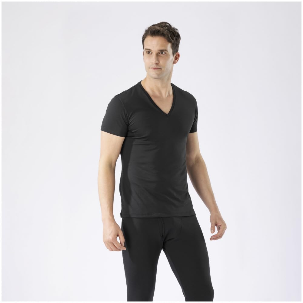 Mizuno Breath Thermo for Daily Short Sleeve Size L Underwear, Heat-Generating Innerwear, Thin, Use, V-Neck Shirt, Men's, Black,