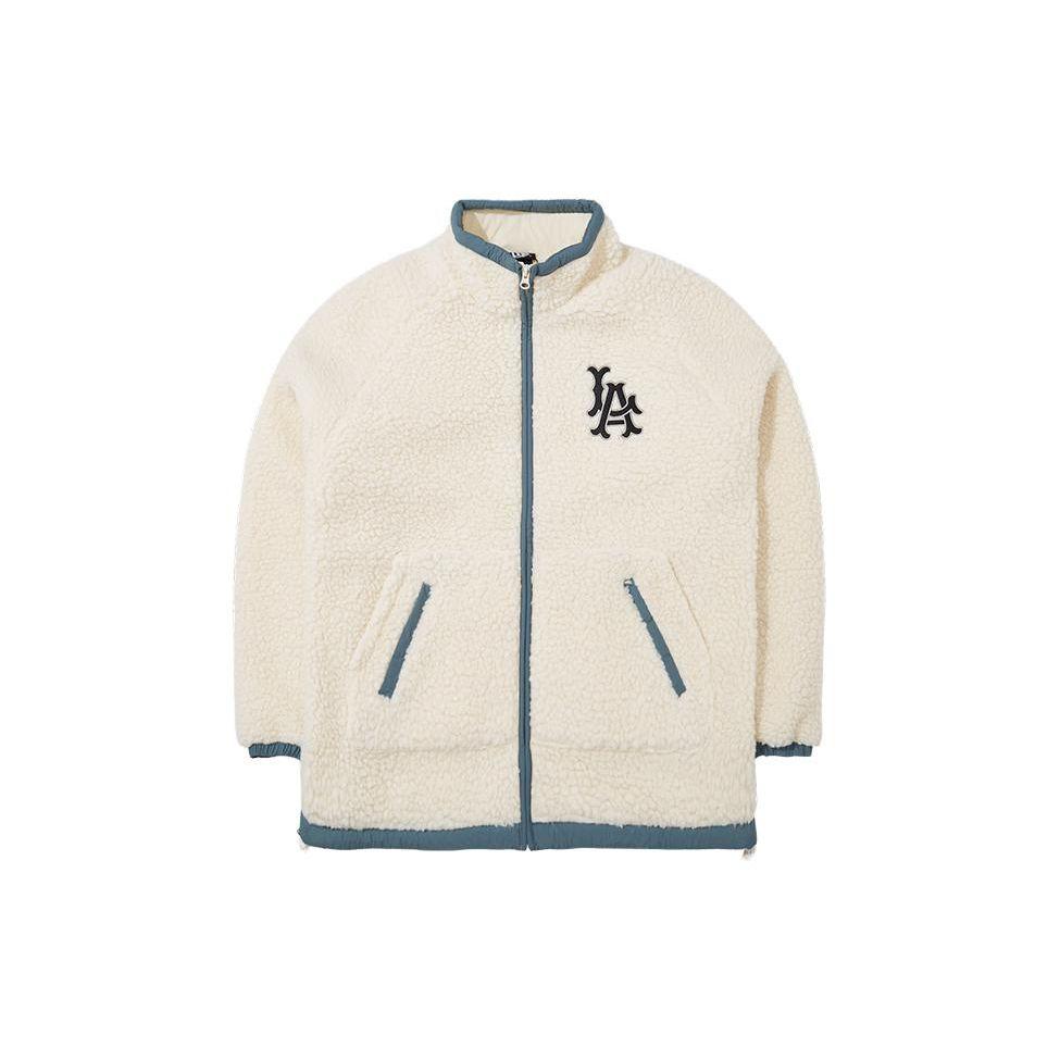 New Era X MLB Collaboration FW23 Los Angeles Dodgers Thick Back Letter Pattern Stand Collar Long Sleeve Fleece Jacket Unisex Jackets Ivory 13789225