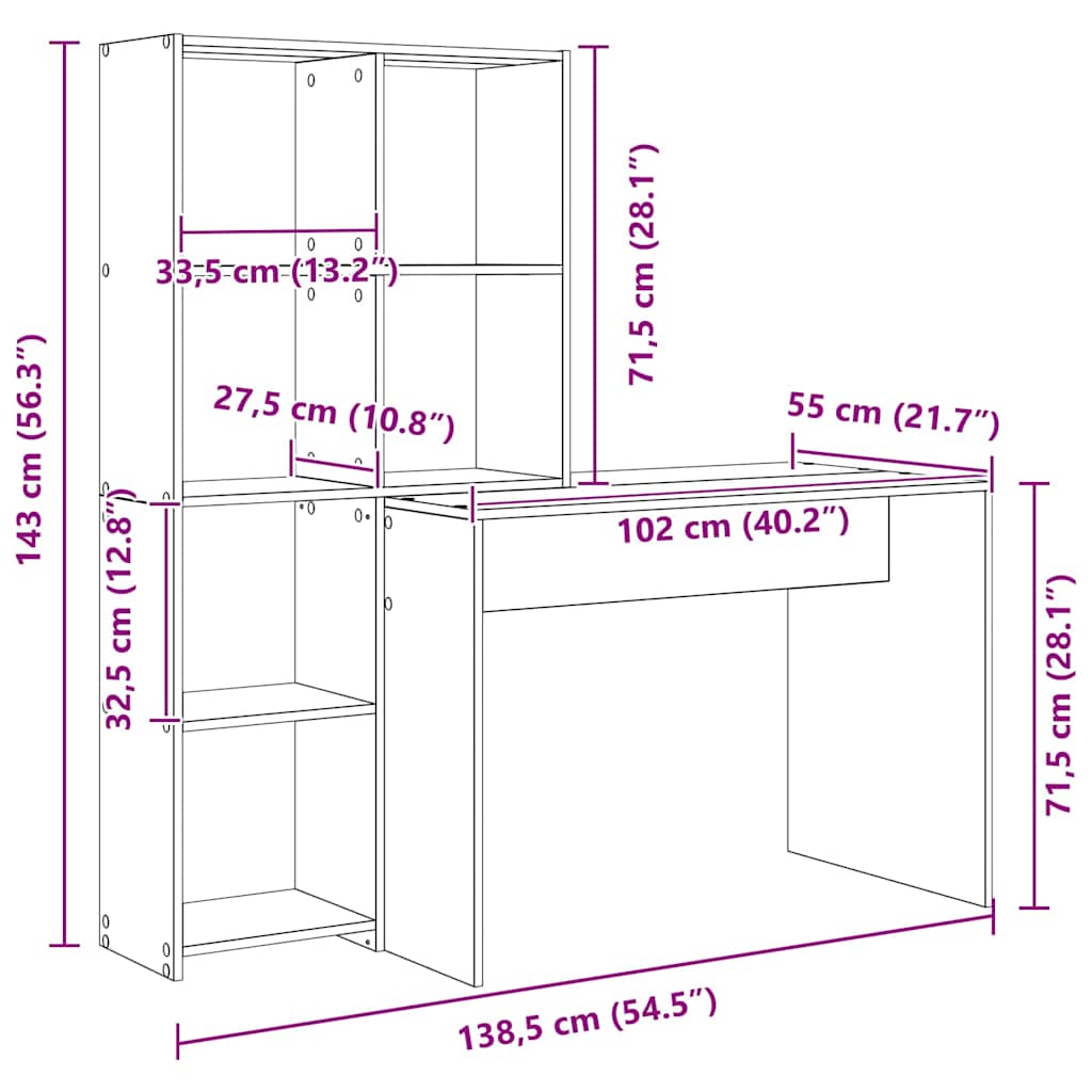 Desk Sonoma Oak Finish 138.5 x 55 x 143 cm Particleboard
