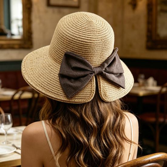 Women Beach Hat, Wide Brim Sun Protection Hat, Foldable Straw Summer Hat with Bowknot Decor, Breathable Outdoor Hat for Fishing, Travel