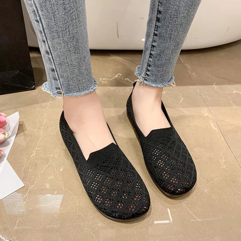 Summer Mesh Fabrics Breathable Flats Women Shoes Ventilate Lace Leisure Loafers Mom Shoes Comfort Casual Light Sneakers