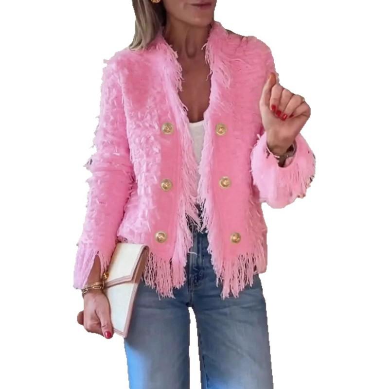 Cappotto Blazer Elegante Minimalista da Donna con Frange - Vestibilità Slim Manica Lunga Chic da Ufficio Capospalla in Beige Nero Cachi Blu Rosa