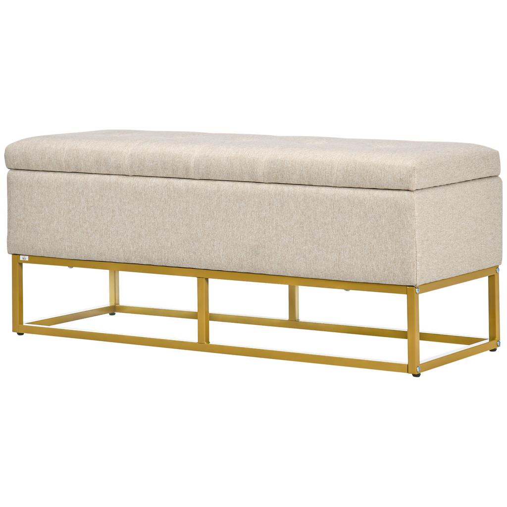 2-in-1 bench with storage trunk, upholstered seat and steel legs, 110 x 44 x 48 cm, beige and gold