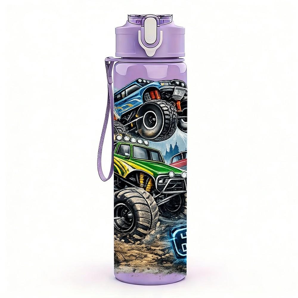 1PC Off Road Monster Truck Graffiti Print 750ml Color Plastic Sports Water Bottle Leakproof Flip Straw Lid Suitable for Sports Office Home Use