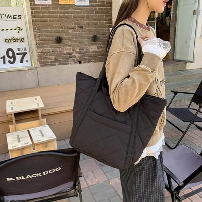 Rhombus Embroidery Thread Cotton Clothing Material Shoulder Bag Bag Women's Large-capacity Tote Bag Autumn and Winter New Armpit Backpack
