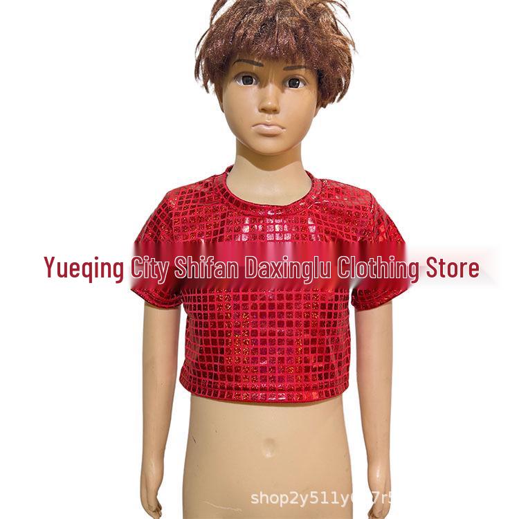 Unisex Shiny Sequin Plaid Off-Shoulder Crop Top (Short Sleeve) for Performances