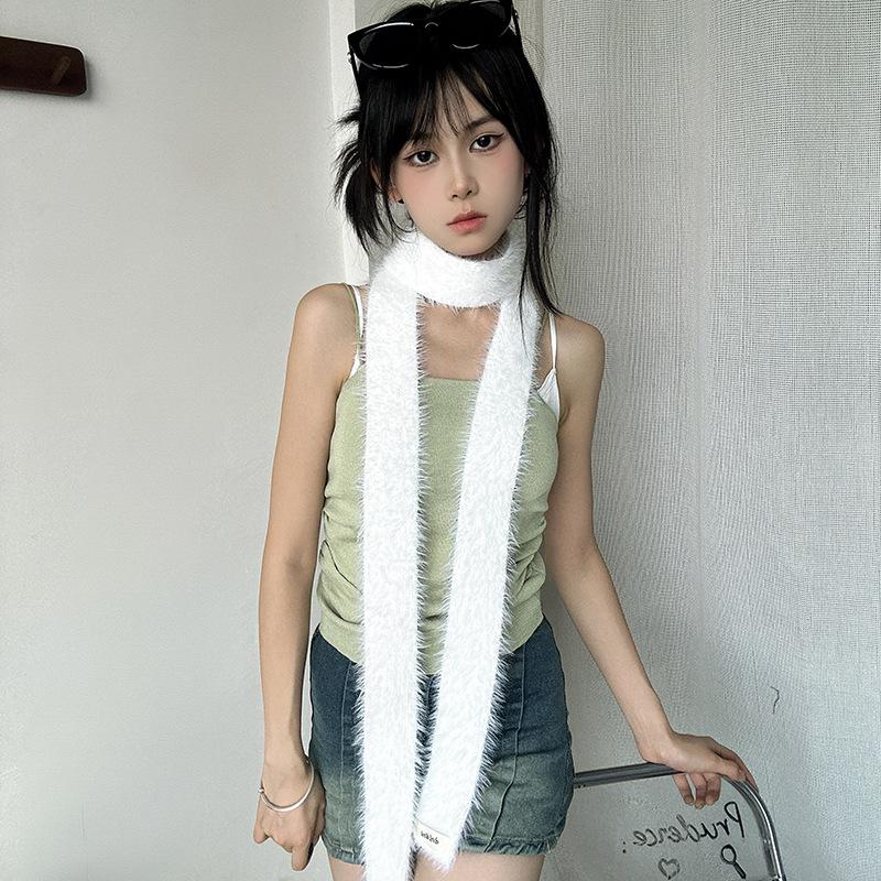 Falling Pool Knitwear Black & White Fluffy Narrow Stripe Scarf – Versatile Y2K Style for Women