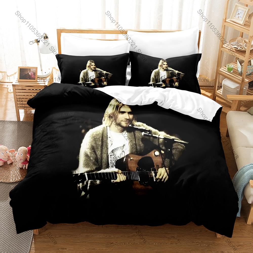 Rock Star Kurt Cobain Bedding Set, Duvet Cover & 2 Pillowcases, Classic Musician Pattern Breathable Fabric All Season Use
