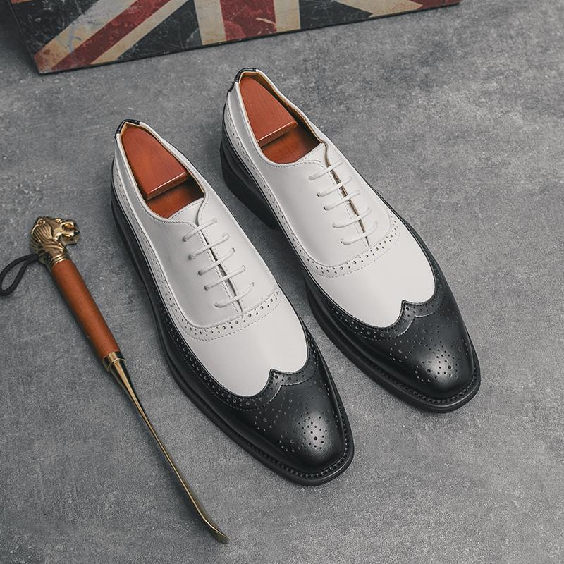 New Autumn Fashion Men Office Shoes Patent Leather Men Dress Shoes Black and white block shoes Men's leather shoes Wedding Party