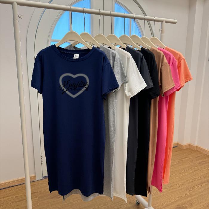 A Loose, Large-sized, Hong Kong-style Design Short-sleeved, Mid-length, Slit T-shirt Dress for Women In Summer