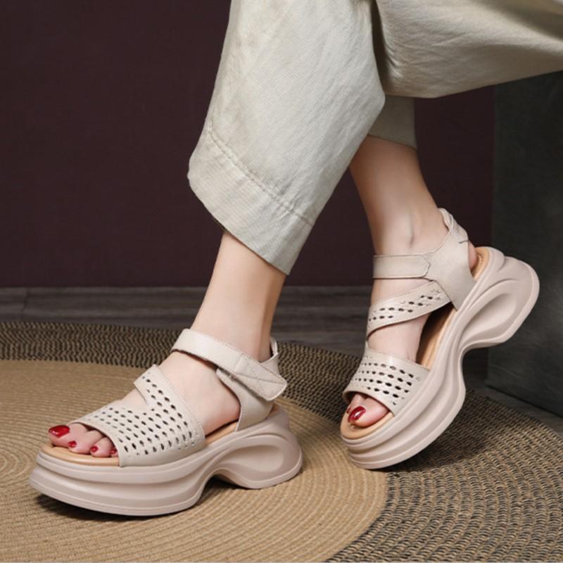 Johnature Roman Platform Sandals Genuine Leather Peep Toed Thick Soled Casual Women's Shoes