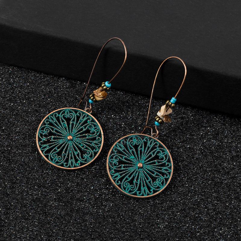 European and American bohemian style hollow pattern round brand earrings, retro bronze turquoise beaded women's earrings
