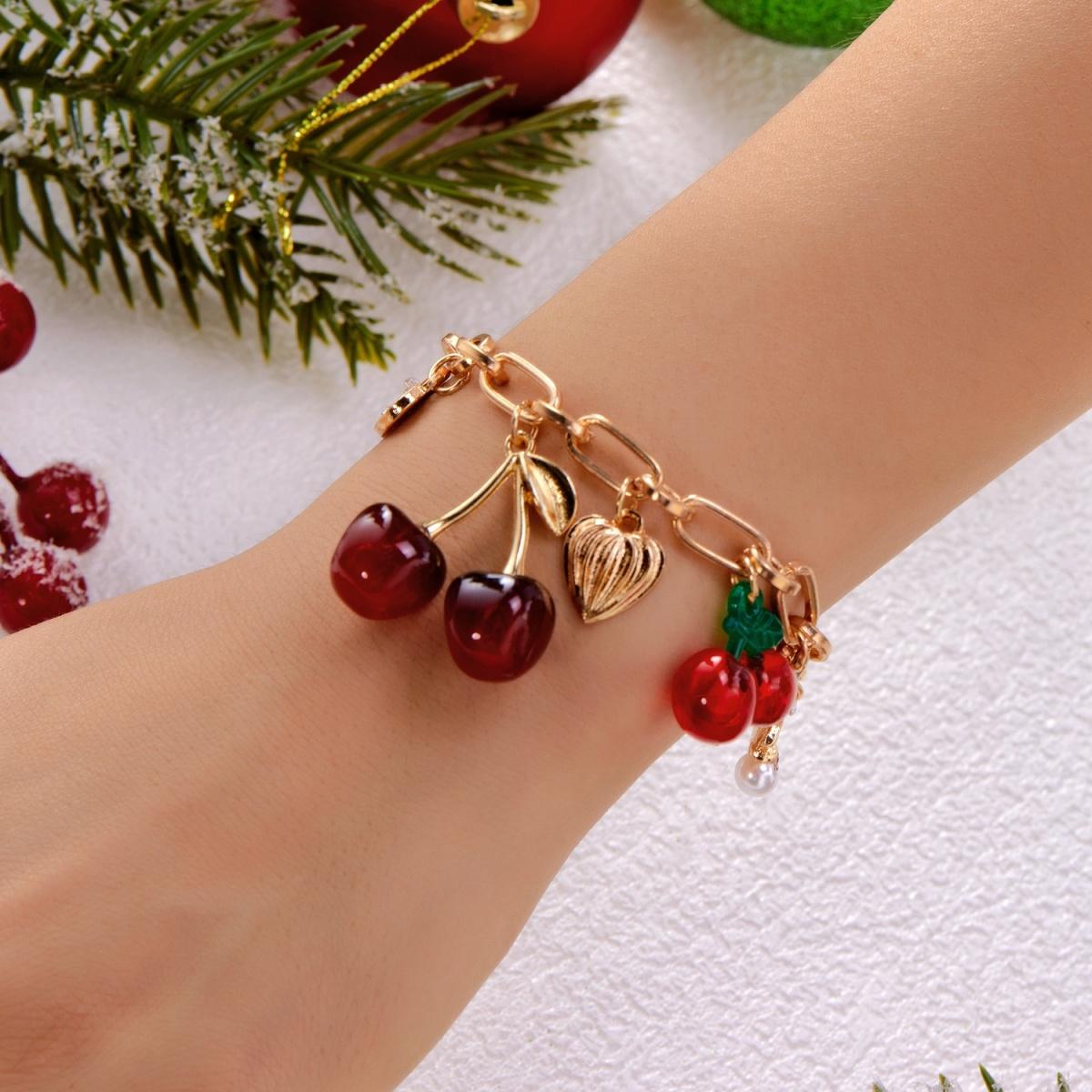 

Red Cherry Heart Bowknot Pendant Necklace Bracelet Set For Women Men Sweet Romantic Fruit Daily Party Fashion Cute Jewelry Set