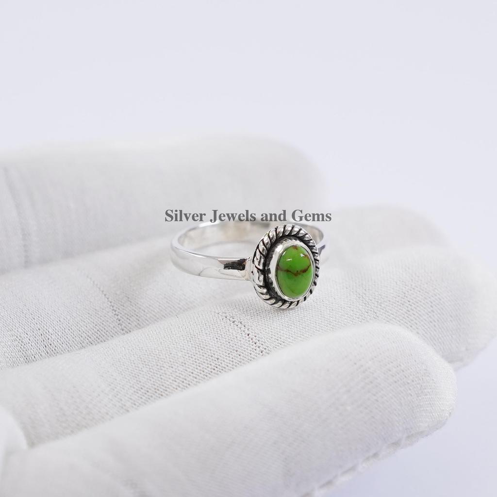 Oval Green Copper Turquoise Ring: 925 Sterling Silver December Birthstone Ring, Dainty Ring
