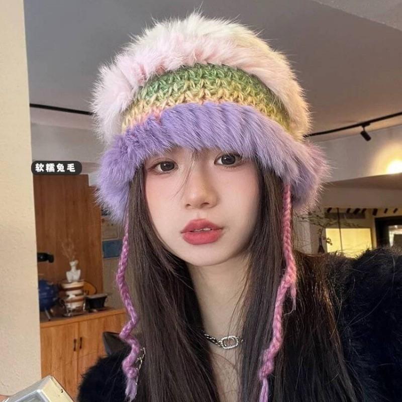 Fashion Rabbit Fur Patchwork Knit Bucket Hat Women Warm Fall Winter Large Head Size Face Slimming