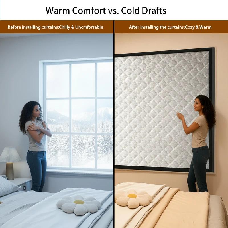 Window Windproof, Warm Curtain, Cold Double Thick Blackout Curtain, Soundproof Cotton Window Easy Install Cold-Blocking Design for Warm Winter Home