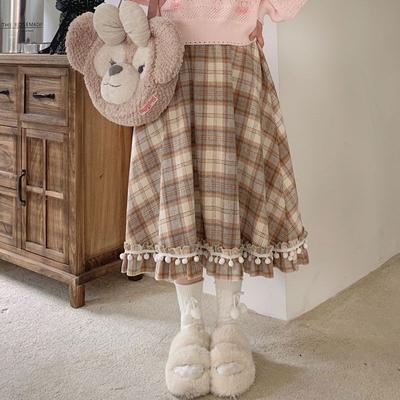 Kawaii Japonský styl Kostkovaná sukně Dámská Vintage Dlouhá sukně Preppy styl Podzim Zima Móda Roztomilé Retro Midi sukně
