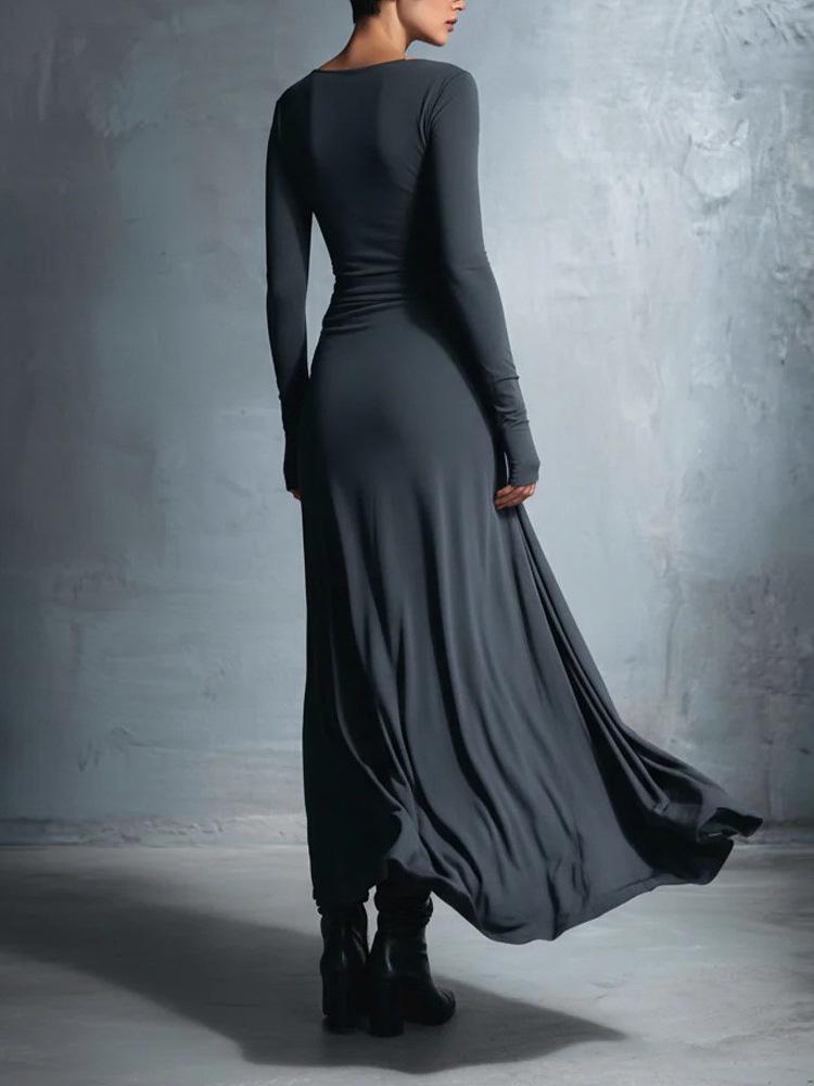 2025 Women's Autumn/Winter Solid Color Long Sleeve Wrap Dress with Knot Detail