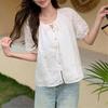 New Arrivals Open Run Women Ivory Ribbon Decoration Punching Floral Short Sleeve