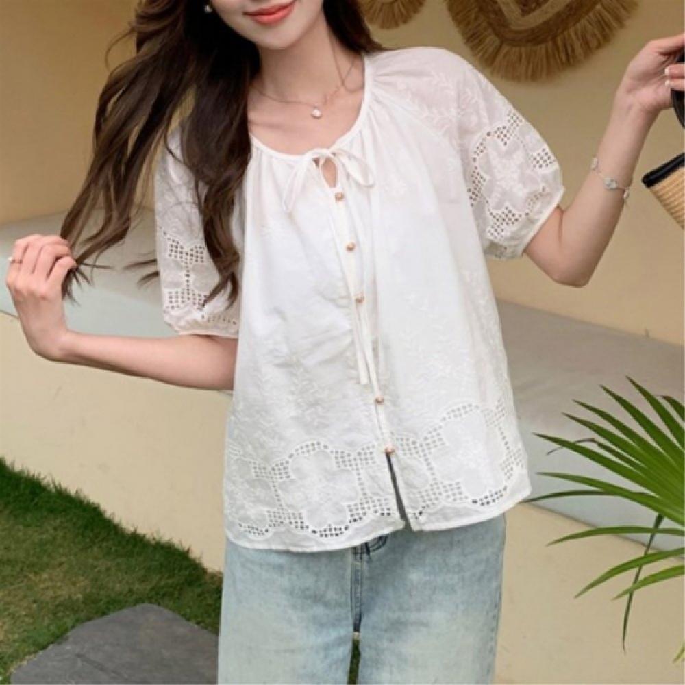 New Arrivals Open Run Women Ivory Ribbon Decoration Punching Floral Short Sleeve