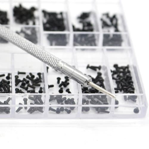 VOXILFE Miniature Screw Assortment Kit, 500 Black Screws, 18 Types of M1.2 / M1.4 / M2.0 Countersunk, Round, and Flat Head Screws for Watches, Eyeglas