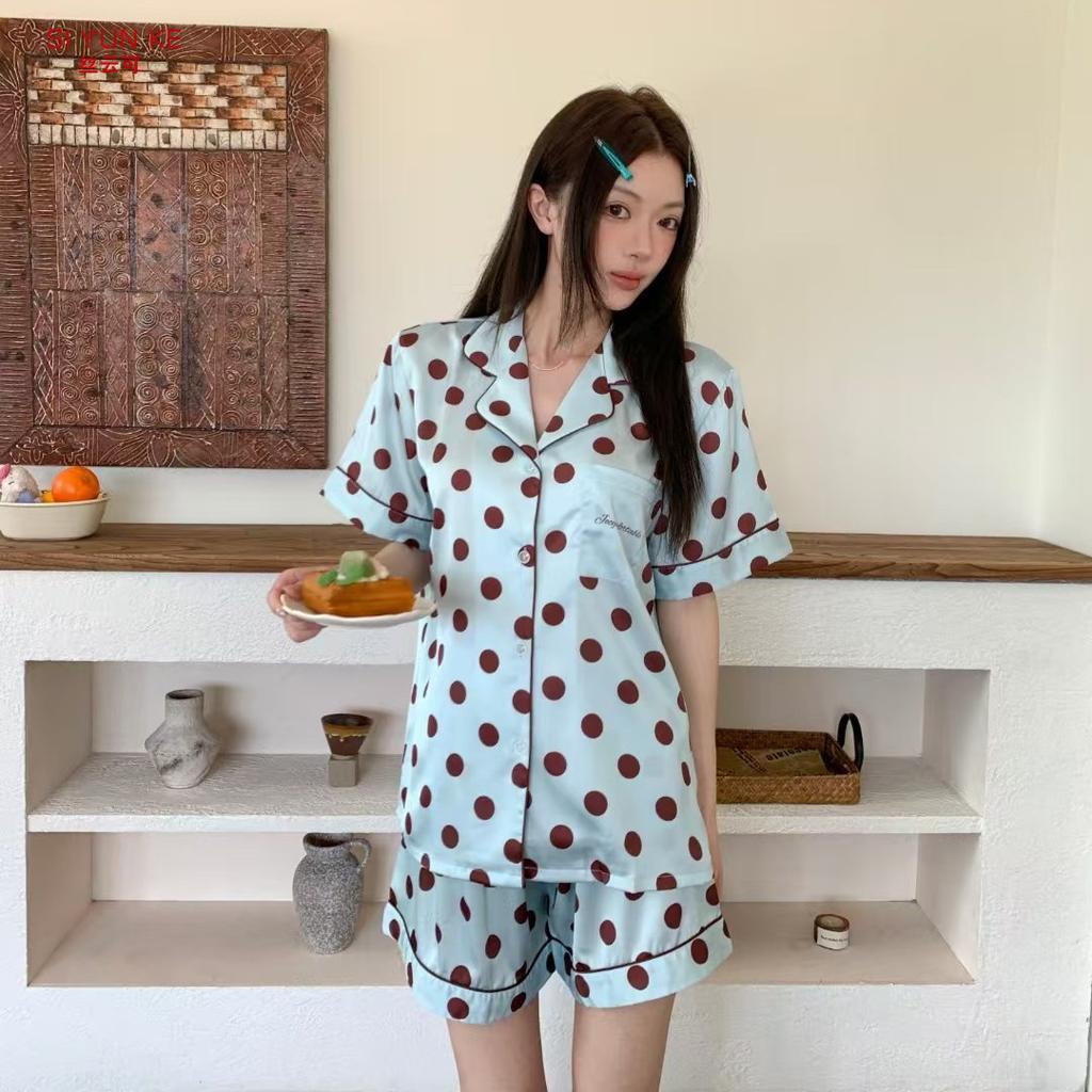 Spring and summer ice silk high-end polka dot pajamas women's loungewear can be worn outside light luxury wind breathable cute wind fresh lapel