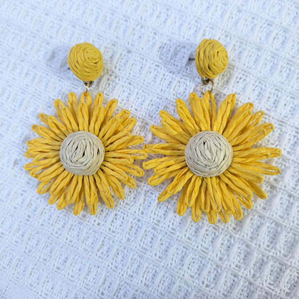 Handmade Raffia Flower Earrings with Steel Posts - Niche European & American Fashion Accessory