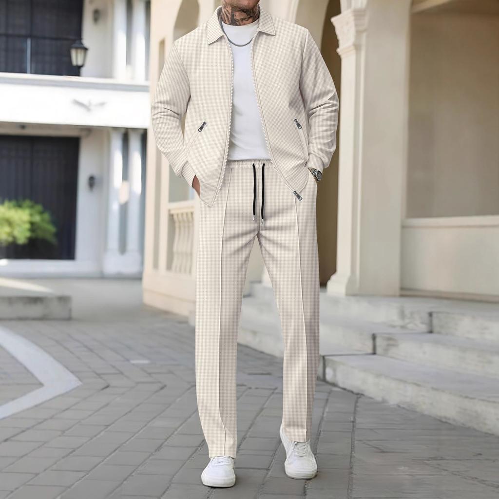 Cardigan Slim cu Rever și Buzunare cu Fermoar pentru Bărbați, Toamnă, Tineresc, Jachetă pentru Bărbați, Costum din Două Piese