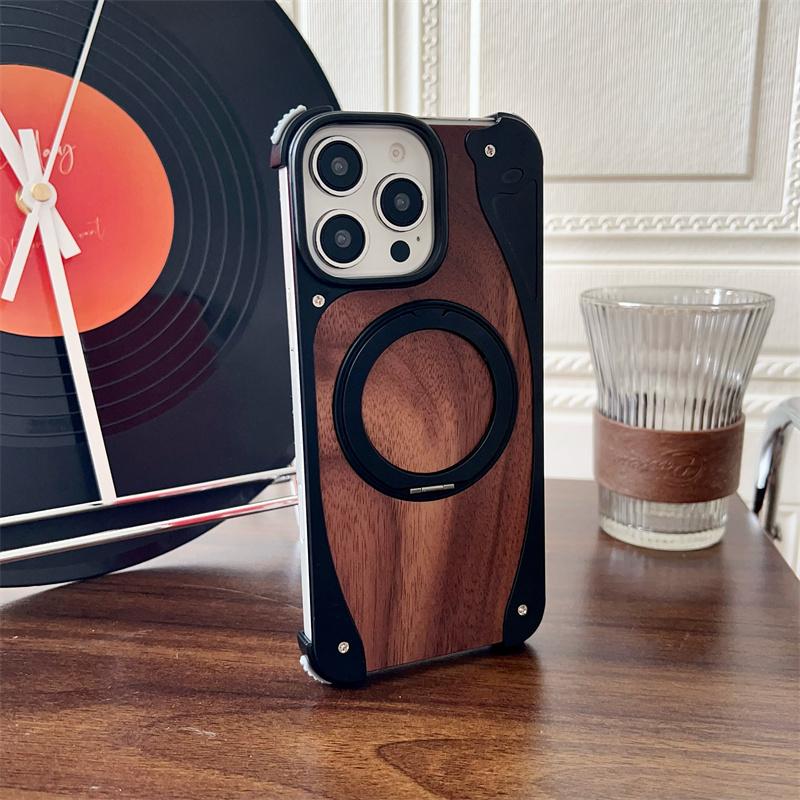 Walnut Wood Aluminum Metal Borderless Magnetic Phone Case For iPhone 15 16 Pro Max 360° Rotate Bracket Magsafe Shockproof Cover