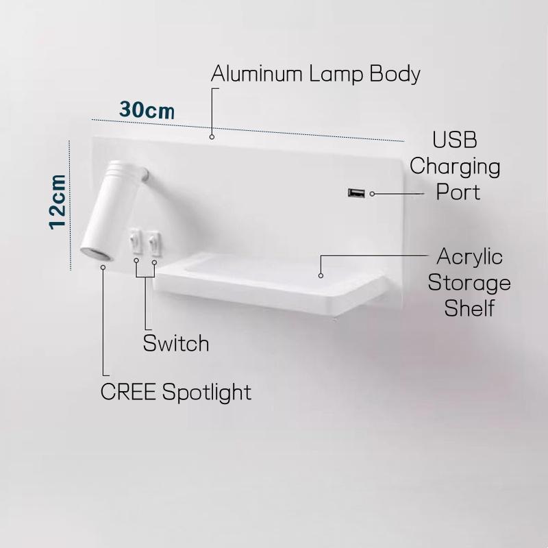 Luminárias de Parede LED Nórdicas de Cabeceira com Porta de Carregamento USB Prateleira Arandela Quarto Estudo Leitura Luminária de Parede Interna com Interruptor