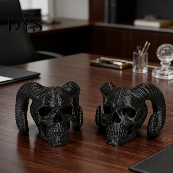 Modern Gothic Atmosphere Pieces 3D Printed Goat Horn Skull Ornament, Ram Horned Devil Trendy Bookshelf Statues Skull, Halloween Dark Desktop
