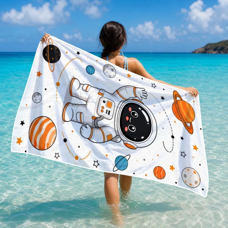 Cartoon Astronaut Space Microfiber Beach Towel 1 Piece Set 2D Flat Printed Sandproof Waterproof Holiday Sea Pool Sunbed Towel