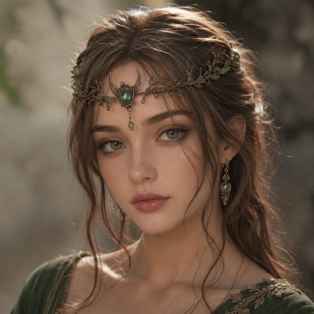 Renaissance Bridal Forehead Chain Green Gemstone Branch Leaf Headpiece Outdoor Photo Prop