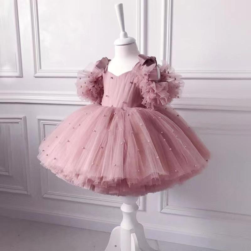 Pige Kjole Perle Prinsesse Kjole Baby Dåbskjole Blonder Tyl Net Garn Pige Fødselsdagsfest Kjole Pige Kjole