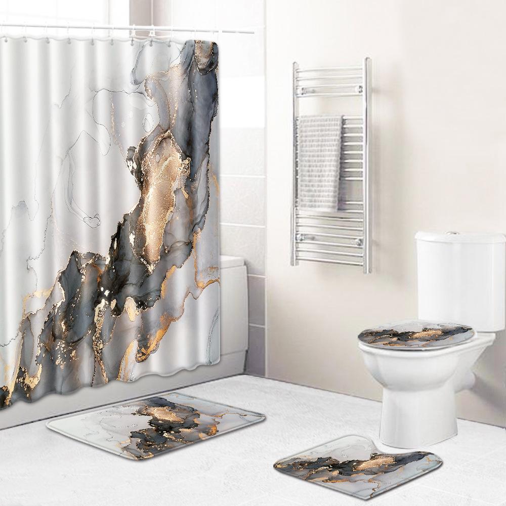 Marble Texture Printing Bathroom Non-Slip Floor Mat Shower Curtain Combination Carpet European And American Style