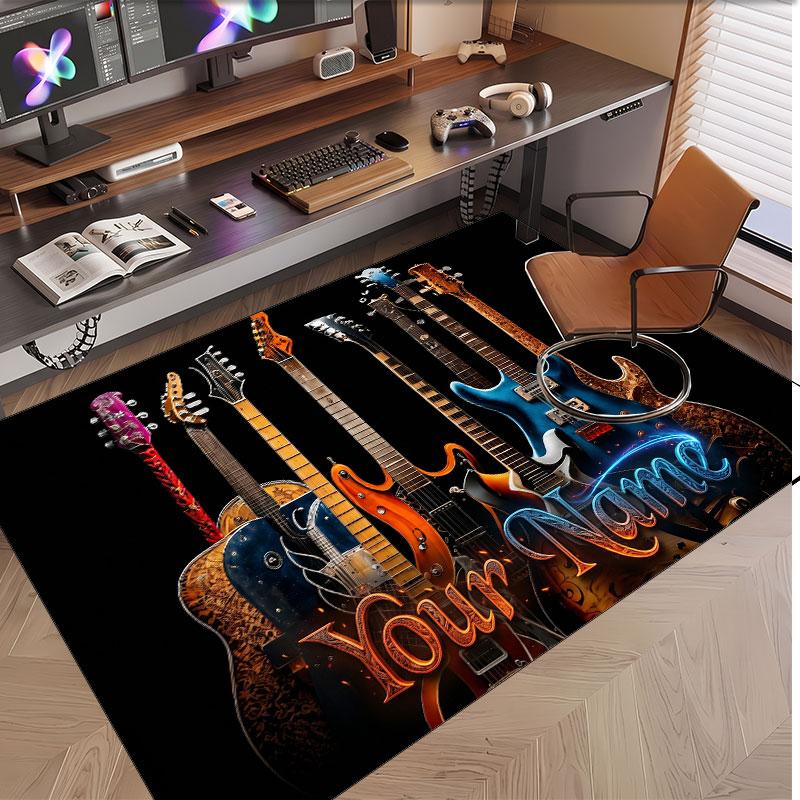 Music Guitar Theme Soft Crystal Velvet Rug Custom Name & Text Print Non Slip Floor Rug for Bedroom Living Room