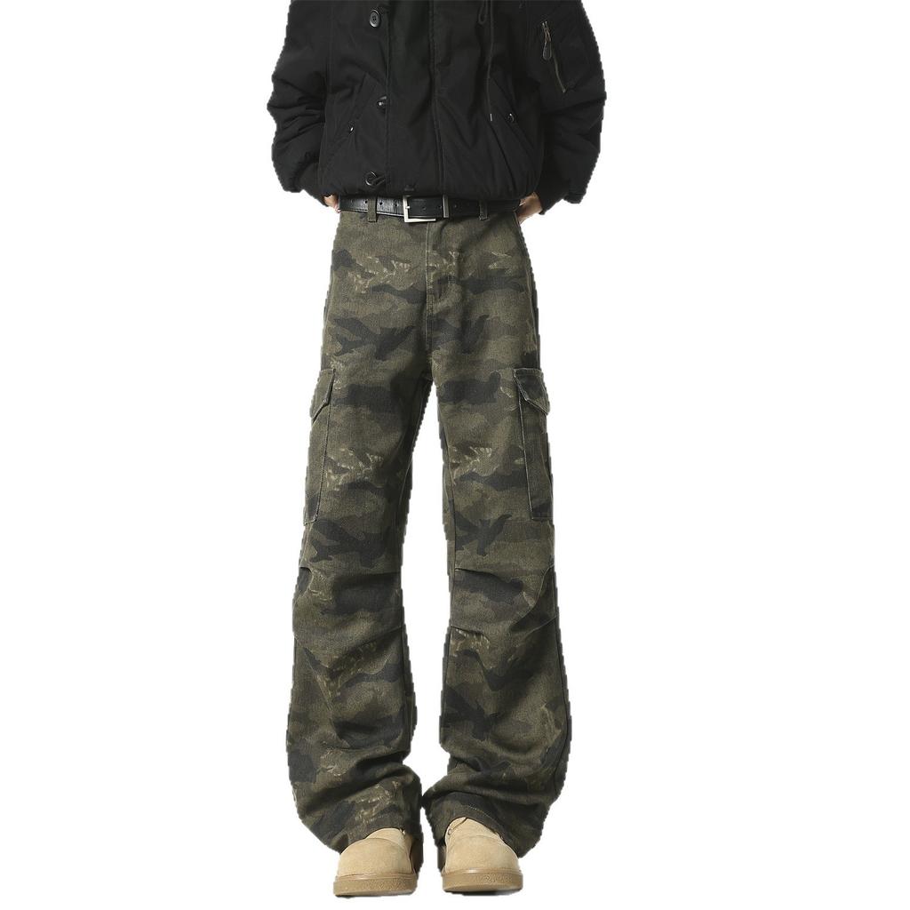 American retro camouflage overalls men's trendy high street multi-pocket design loose straight wide-leg casual jeans