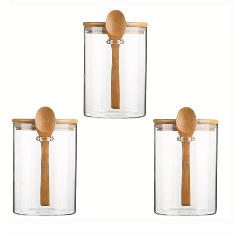 3Pcs Glass Containers 550ML Kitchen Food Storage Jar Coffee Sugar Candy Salt Spice Jars Airtight Glass Jar with Lid and Spoon